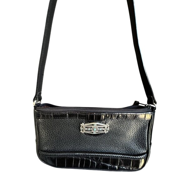 Brighton Black Leather Shoulder Bag 9" x 5" Turquoise Accent Medallion Croc Trim - Picture 1 of 8